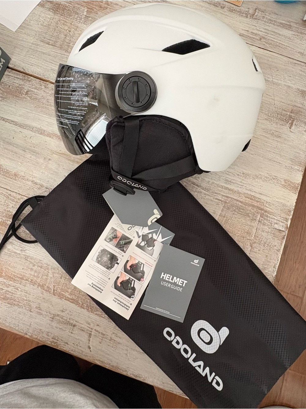 dolan White Ski Helmet with Black Visor and Ear Pads